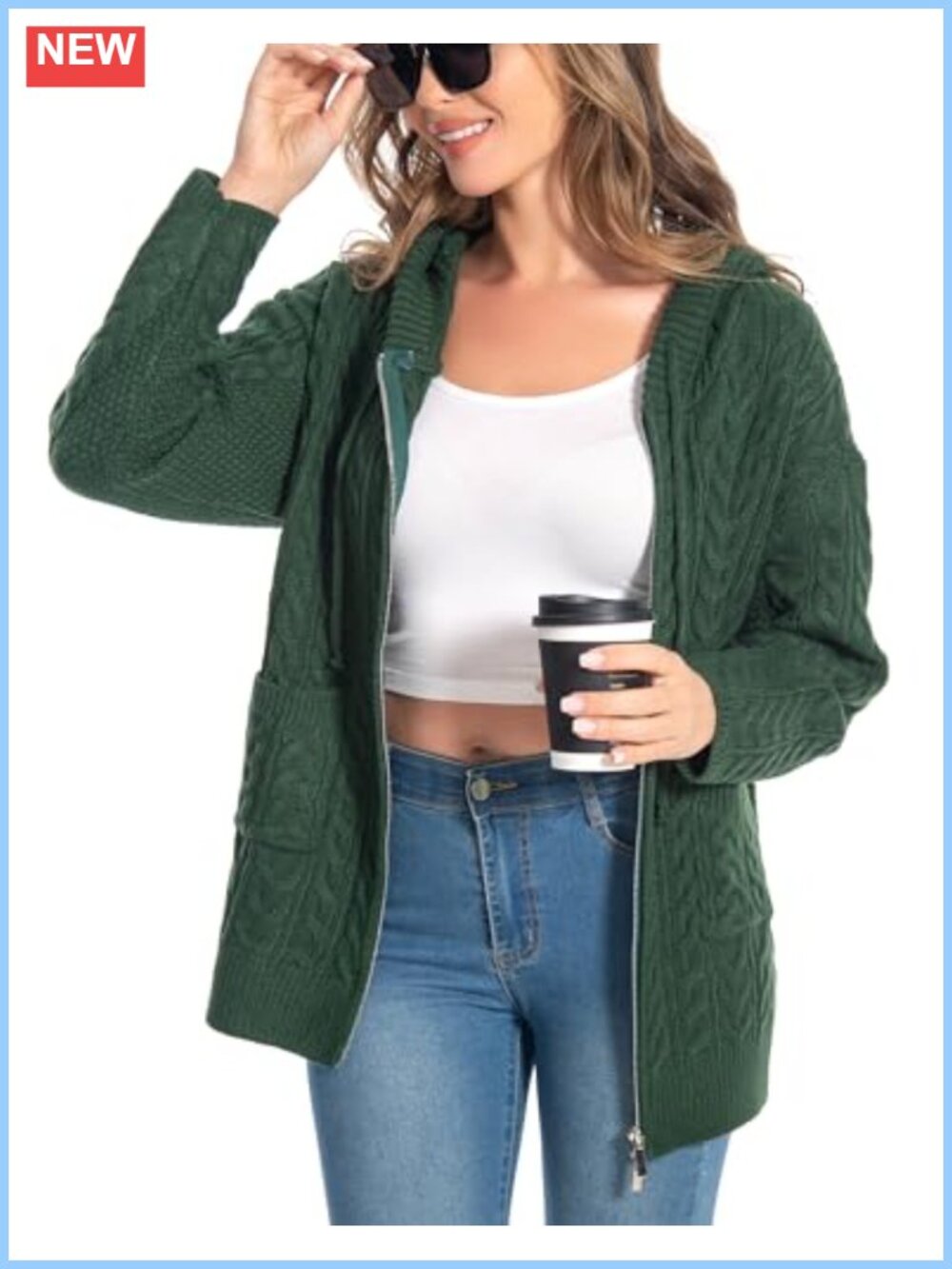Oversized Cable Knit Hooded Zip Cardigan Loose Fit Slouchy Sweater